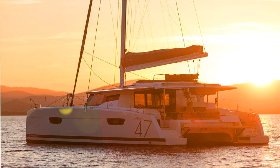 Aerial catamaran Mykonos sunset cruise